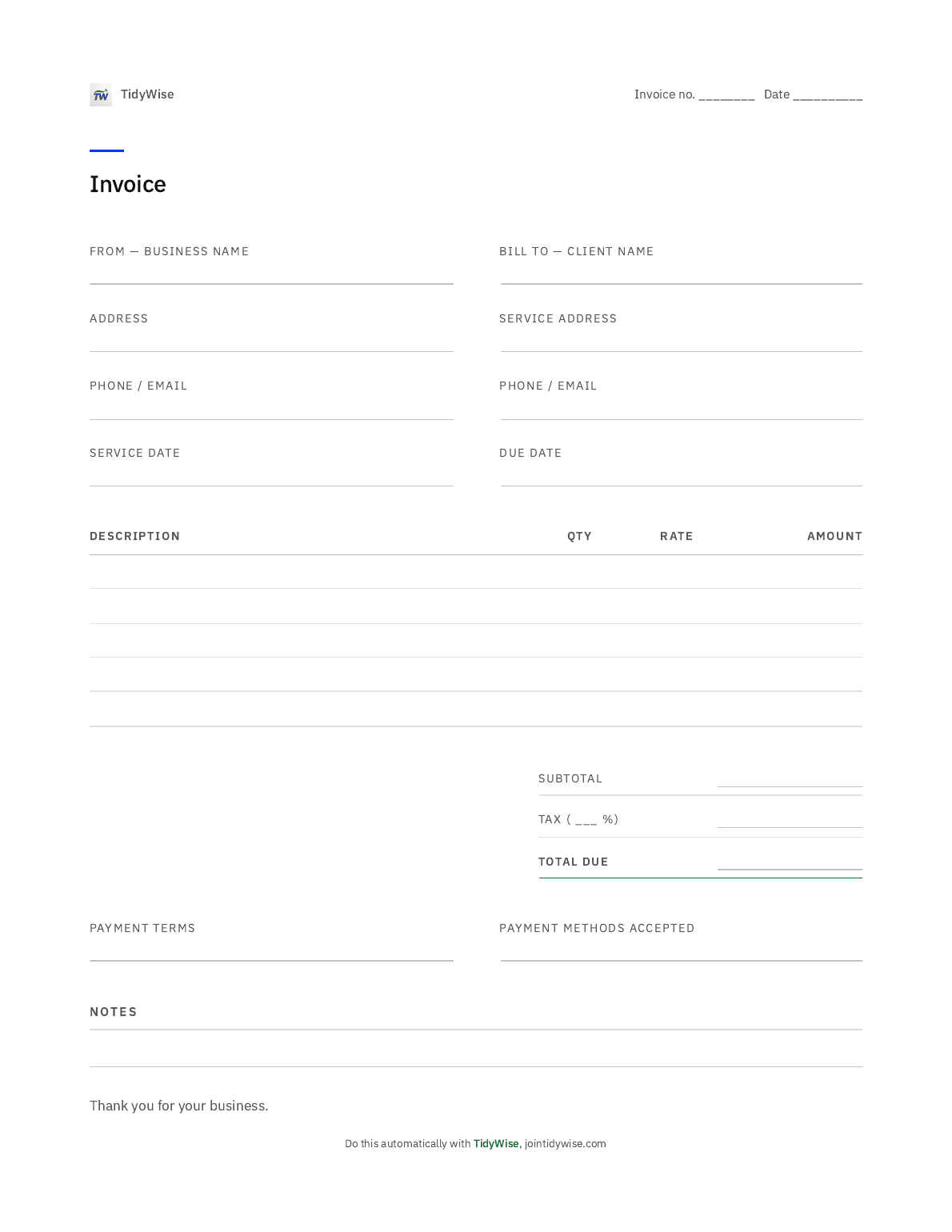 One-page blank cleaning invoice with client fields, five line-item rows, tax, and total due.