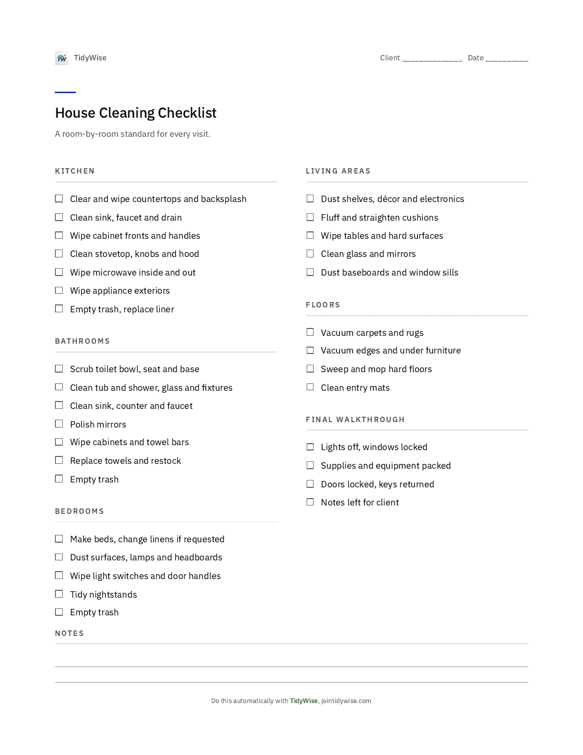 One-page house cleaning checklist with sections for the kitchen, bathrooms, bedrooms, living areas, floors, and a final walkthrough.